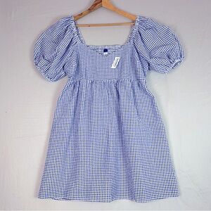 Old Navy Gingham Dress Womens Large Blue White Puff Sleeve Fit Flare Mini NWT